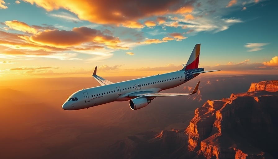 Airbus A321XLR gliding over canyon at sunset, family travel.