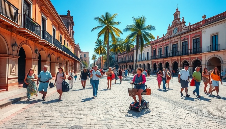 Bustling plaza showcasing accessible tourism trends with diverse tourists.