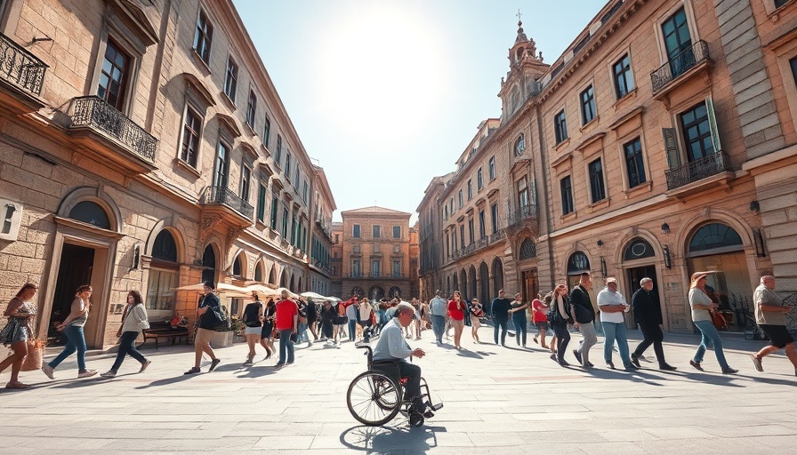 Accessible tourism in a historic plaza with vibrant architecture.