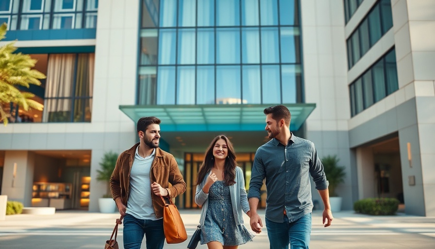 Family traveling to a modern hotel in the city.