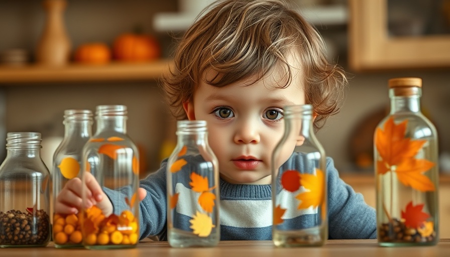 Child exploring colorful fall sensory bottles in a kitchen setting