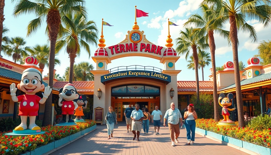 Theme park entrance with character statues and palm trees.