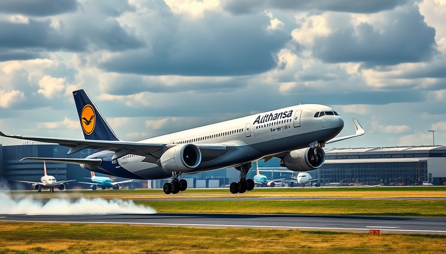 Lufthansa Allegris Dreamliner landing at a modern airport with dynamic effects.