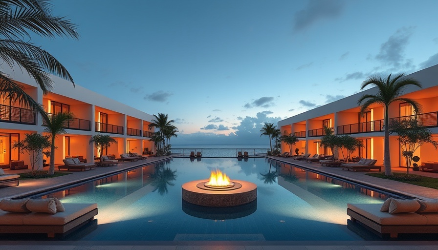 Luxury resort pool scene, plush seating in evening ambiance