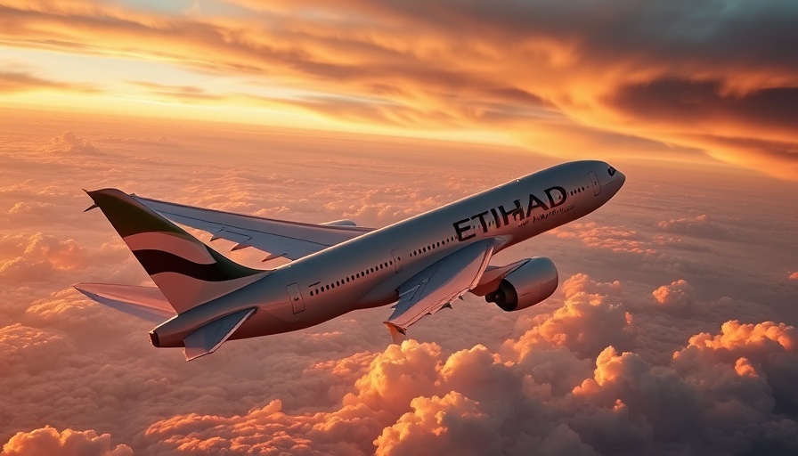Etihad Airways plane flying at sunset symbolizes record profit.