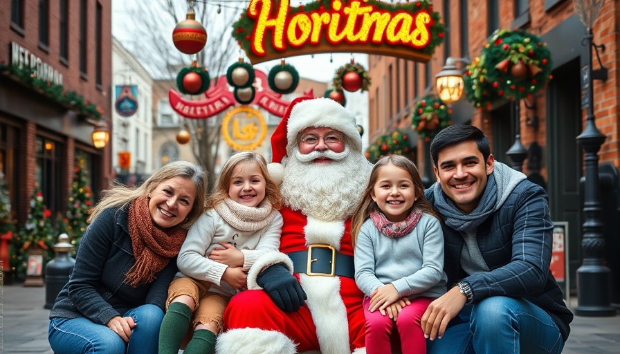 Family enjoying Christmas in Grapevine with Santa statue.