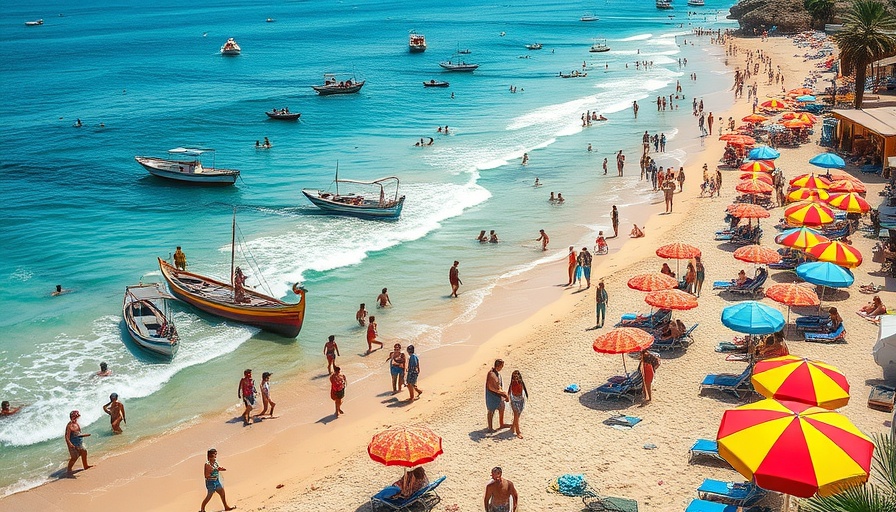 Somalia e-visa tourism: Beach scene with people and boats.