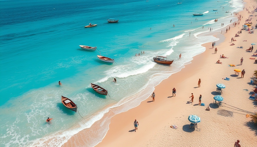 Vibrant beach scene with people and boats illustrating a lively day.