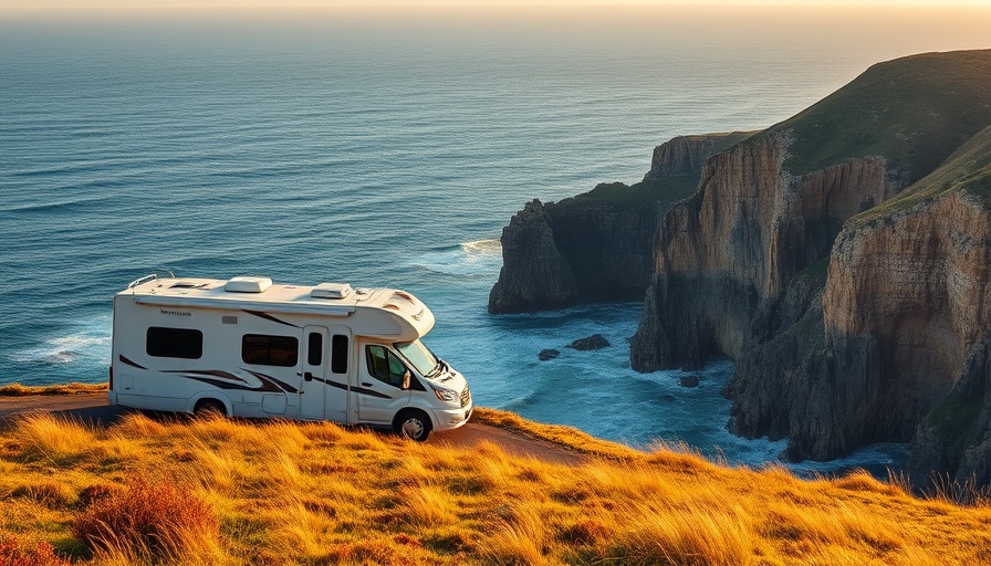 RV camping trip in fall along ocean cliffside in vibrant sunlight.