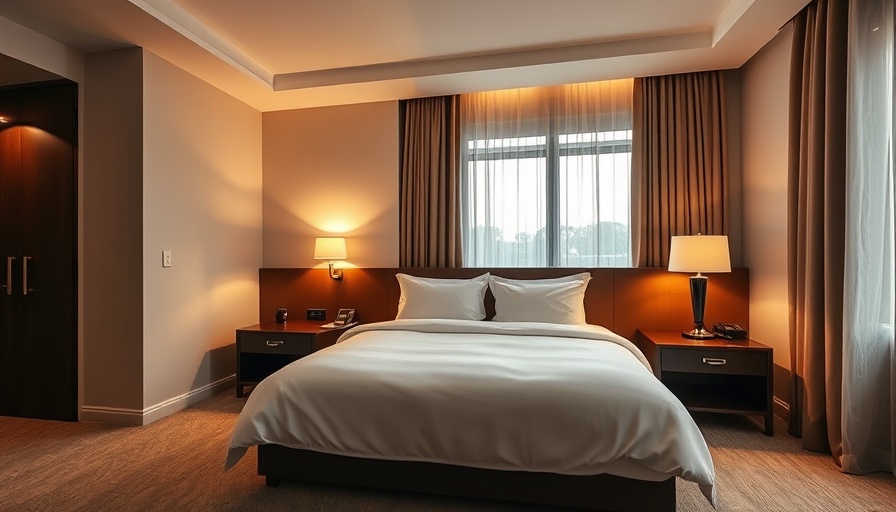 Cozy hotel room setting with comfortable bed and elegant lighting, ideal for travelling cheaply.