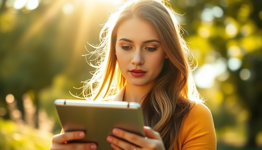 Young woman reading Travel News on a tablet in sunlight.