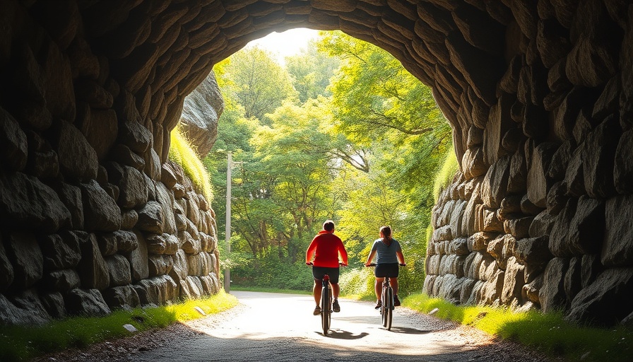 Family adventure biking through a stone tunnel in Columbia, Missouri.