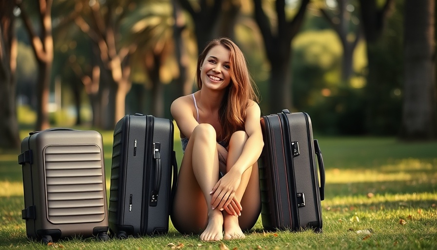 Woman sitting between Monos and Away luggage outdoors, comparing sizes.