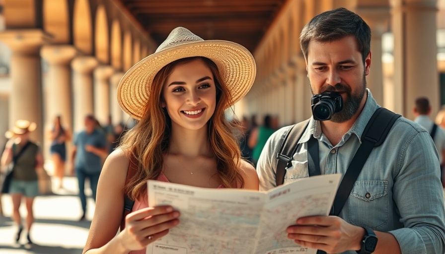Young woman choosing travel destination with a map in sunlit colonnade.