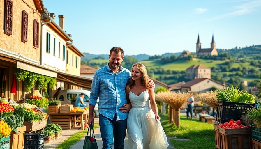 Couple exploring scenic village market and countryside.