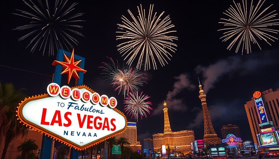 Welcome to Fabulous Las Vegas sign with fireworks in the sky