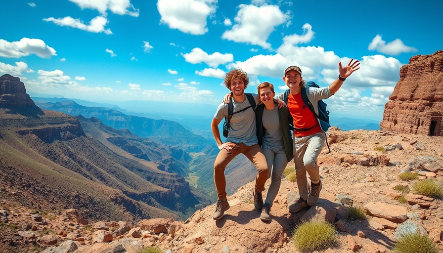 Joyful hikers balancing playfully in front of scenic mountains after a long hike.
