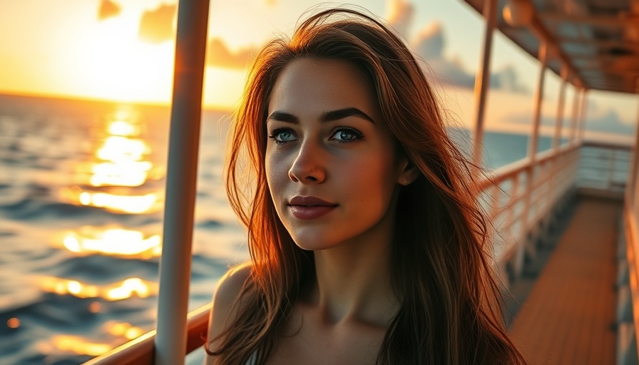 Woman contemplating travel destination on a sunset cruise, ocean view.