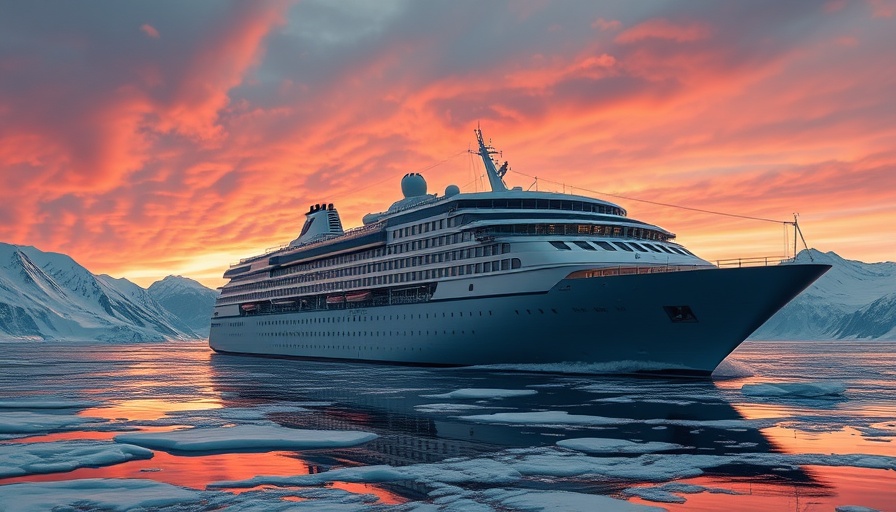 Cruise ship sailing through icy waters at sunset, travel destination inspiration.