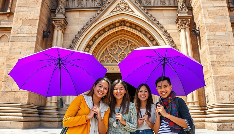 People with purple umbrellas at Bordeaux cathedral. Bordeaux family travel tips.