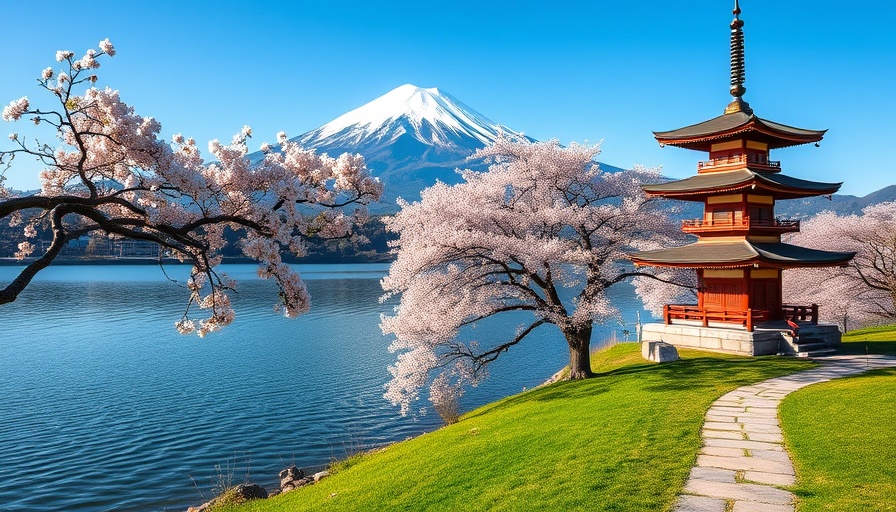 Serene view of Mount Fuji with cherry blossoms and pagoda.