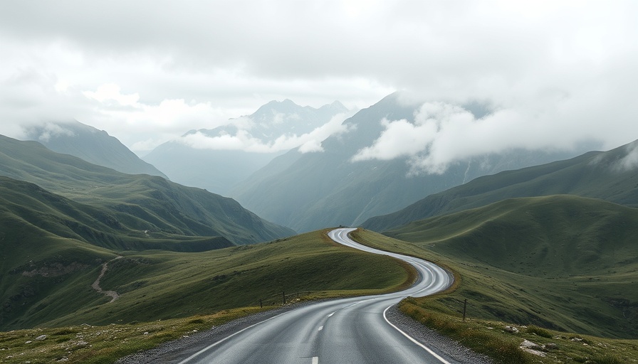 Expansive winding road through mountainous terrain, serene travel destination.