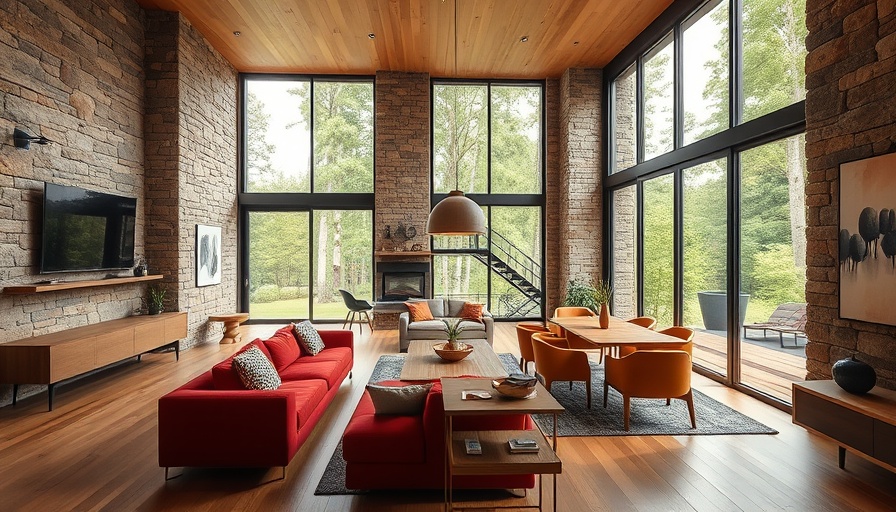 Mid-century modern living room in Frank Lloyd Wright home with stone wall.