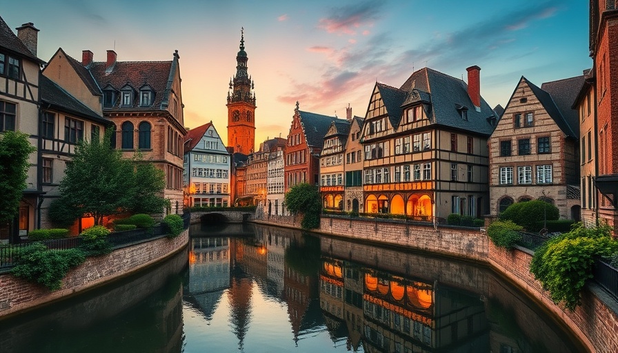 Historic buildings and canal in Bruges at twilight, reflecting warm sunlight.