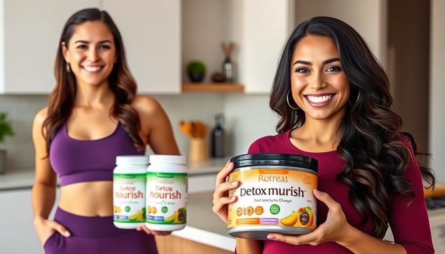 Women showcasing Detox Nourish product in kitchen setting.