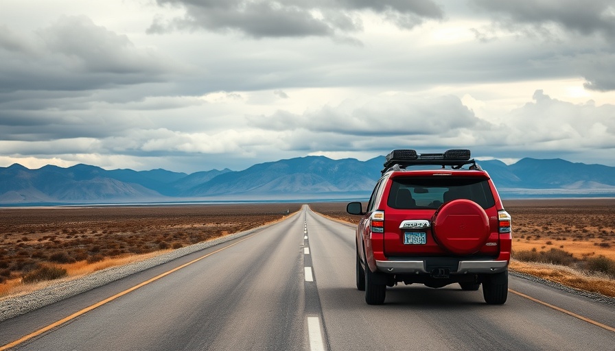 Red car on open road amid vast plains under cloudy sky.