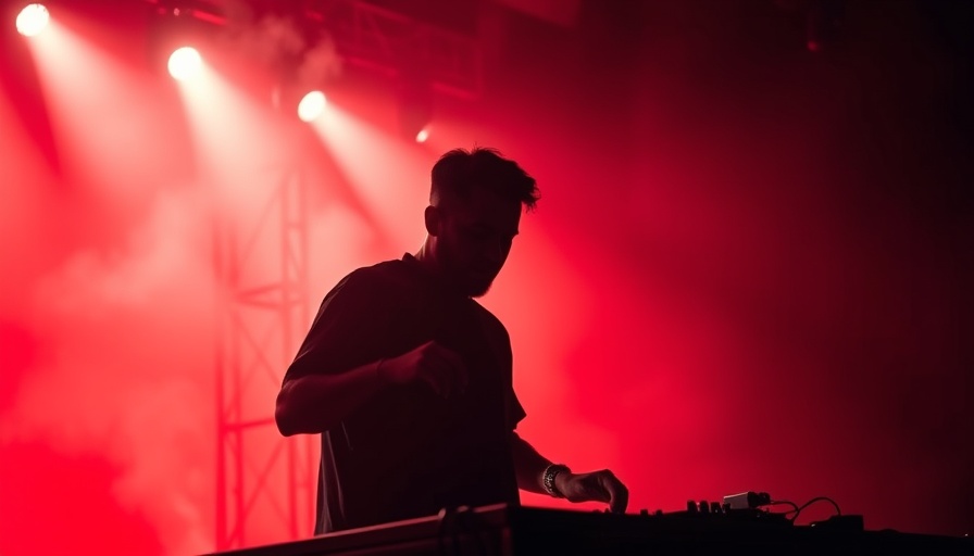 DJ performing live, vibrant red background, cultural event