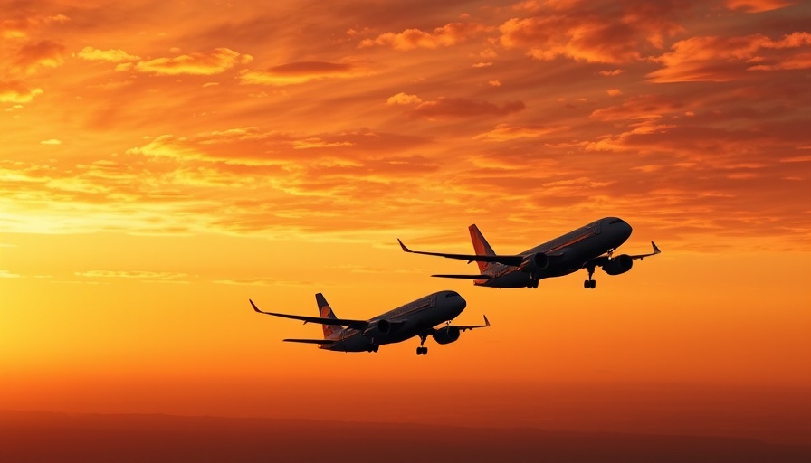 Airplanes silhouetted at sunset on short-haul flights.