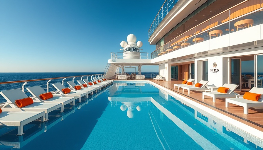 Crystal Serenity pool deck featuring loungers and chairs under blue sky.