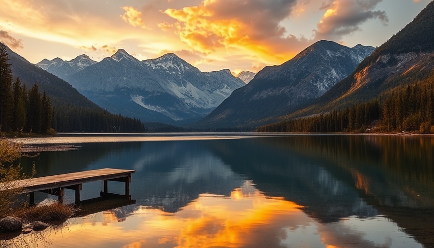 Peaceful mountain lake at sunset, ideal travel destination.