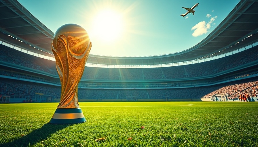 FIFA World Cup trophy in stadium under clear sky with airplane.
