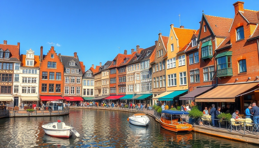 Family explorer historic European waterfront scene with boats