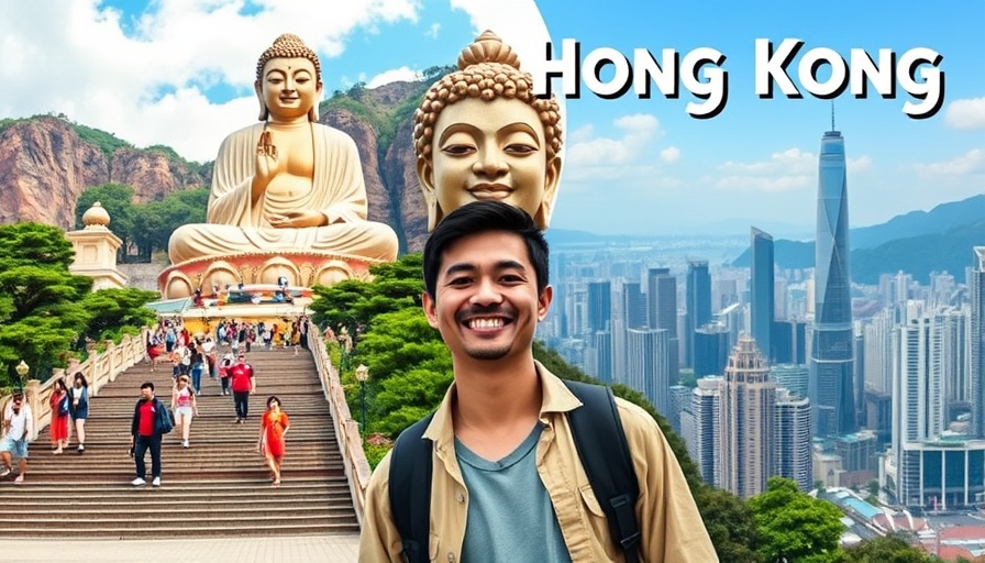 Promotional image of free attractions in Hong Kong featuring city and Buddha.