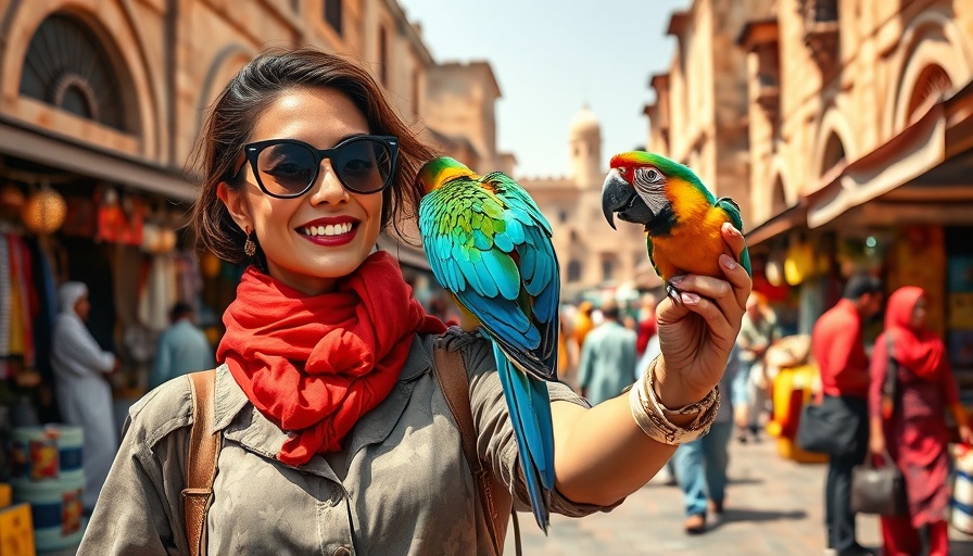 Woman with parrot in Doha market, vibrant shopping scene