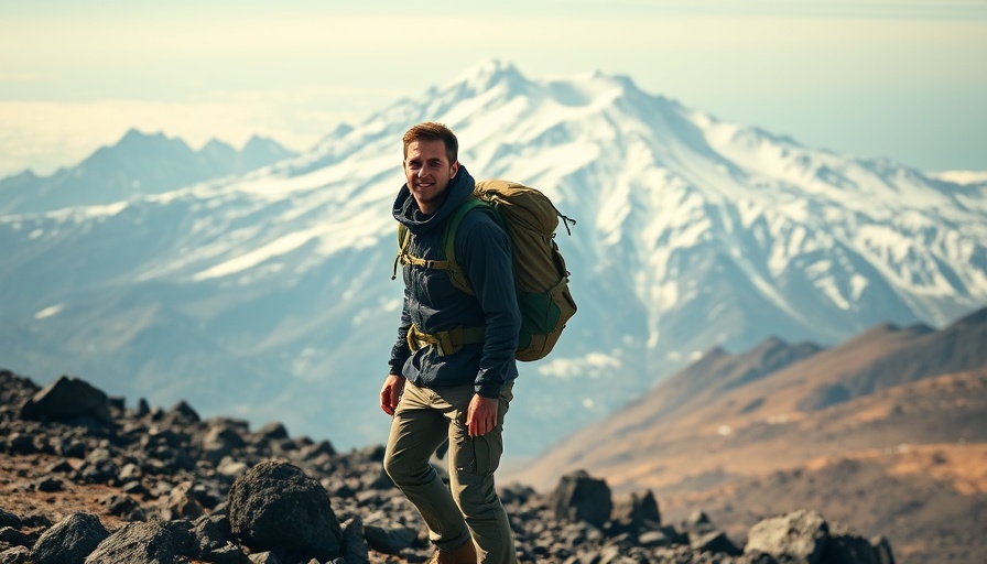 Hiker trekking Kilimanjaro with snowy mountain backdrop.