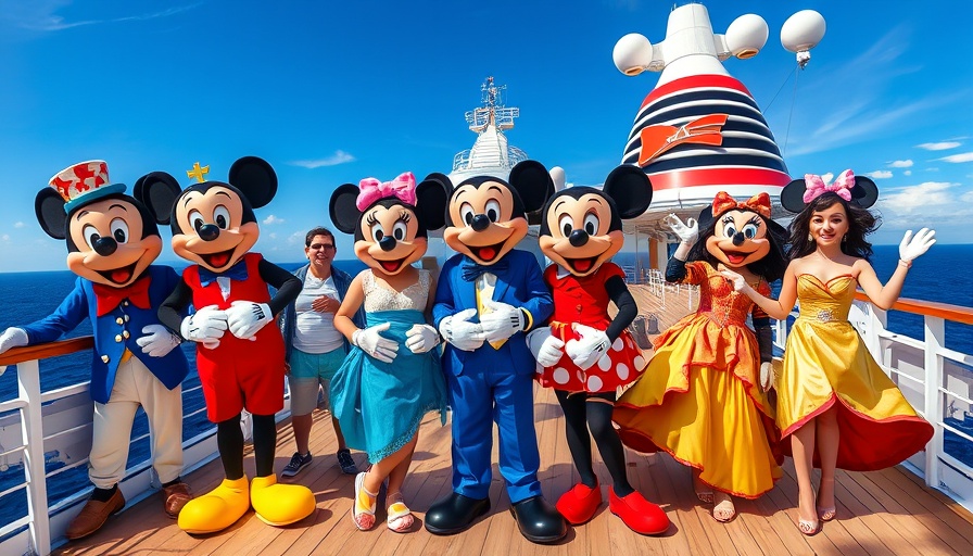 Disney characters posing on cruise deck for family adventure