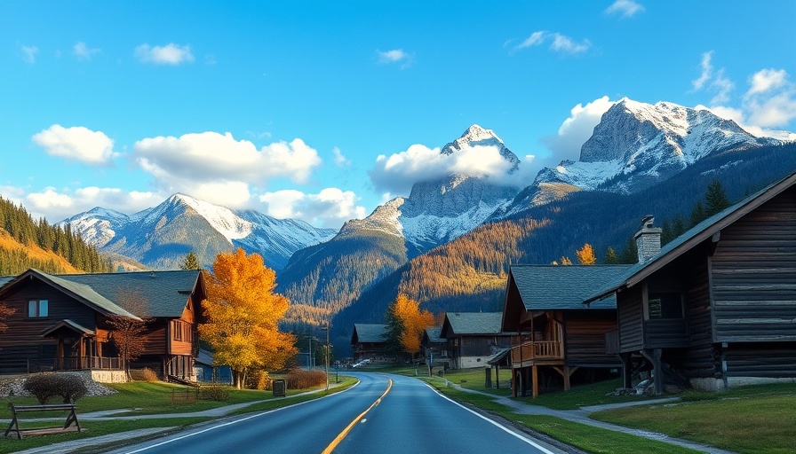 Idyllic mountain road in Chamonix with alpine peaks, autumn.