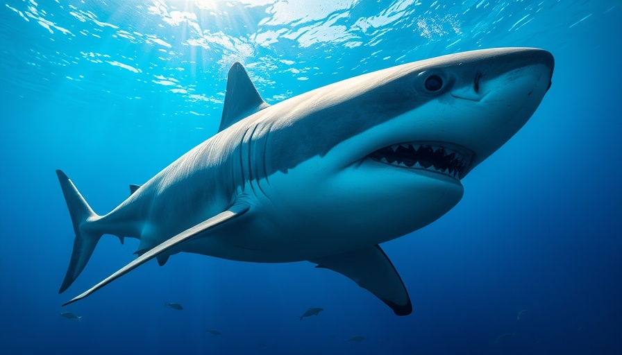 Massive great white shark swimming in ocean depths with small fish.