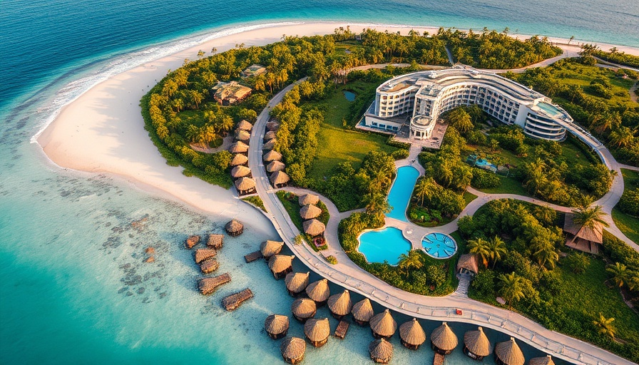 Luxurious aerial view of Shura Island resort with beachfront.