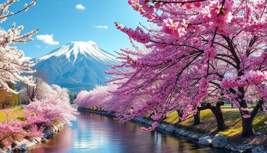 Idyllic scene of cherry blossoms and mountains, a top travel destination.