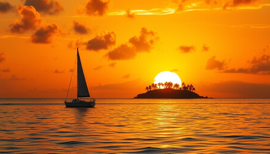 Tropical sunset with silhouetted sailboat and palm island - perfect for November family getaways.