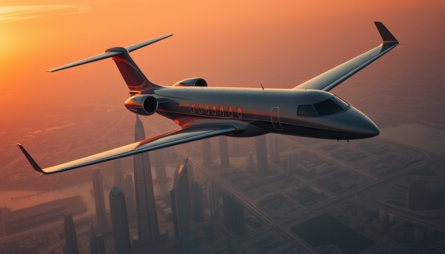 Fly Before You Buy program Dubai: Private jet over city skyline at sunset.