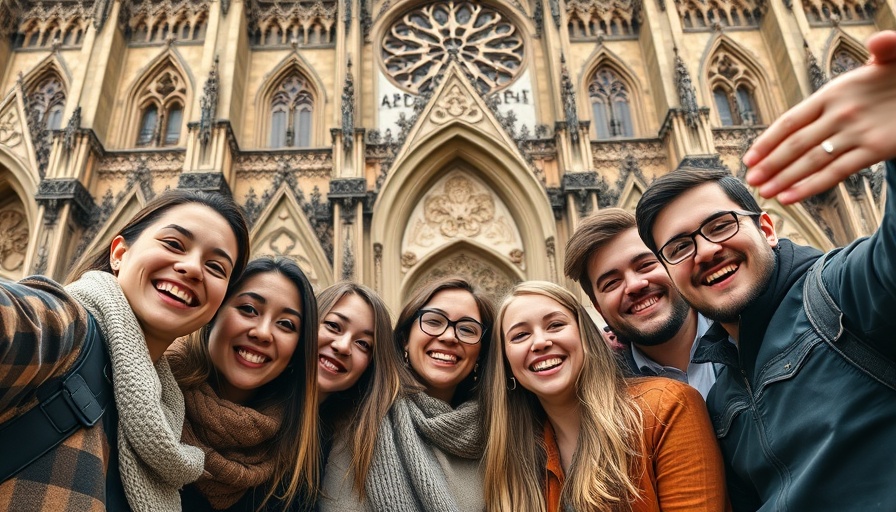 Group of friends taking a selfie at a cathedral, depicting travel dysmorphia.
