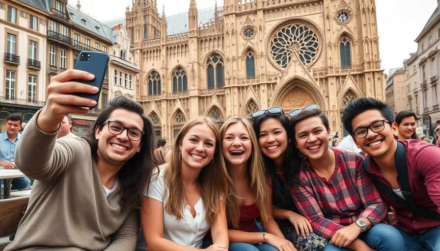 Travel Dysmorphia scene: Friends taking a selfie at a landmark.