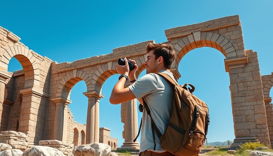 Travel on budget: Young traveler photographing ancient architecture.