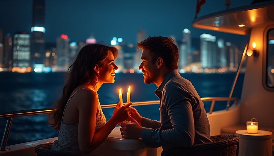 Romantic dinner on yacht for honeymoon couples in cityscape setting.